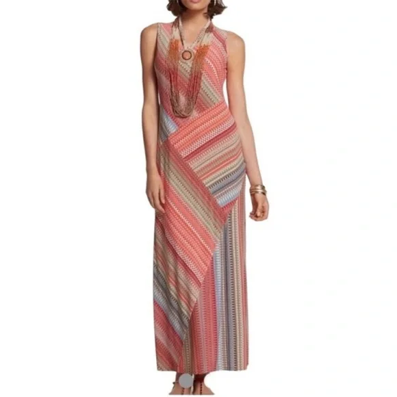 Chico's Size 3 Island Breeze Red/Orange Patterned tank Tamra Maxi Dress - Picture 1 of 8